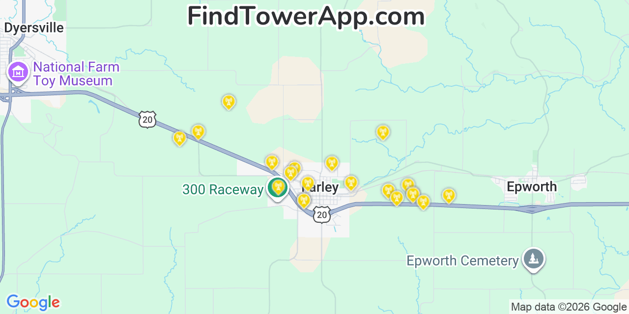 Map showing the 20 primary cell tower locations detected in Farley, Iowa from AT&T, Verizon, and T-Mobile networks