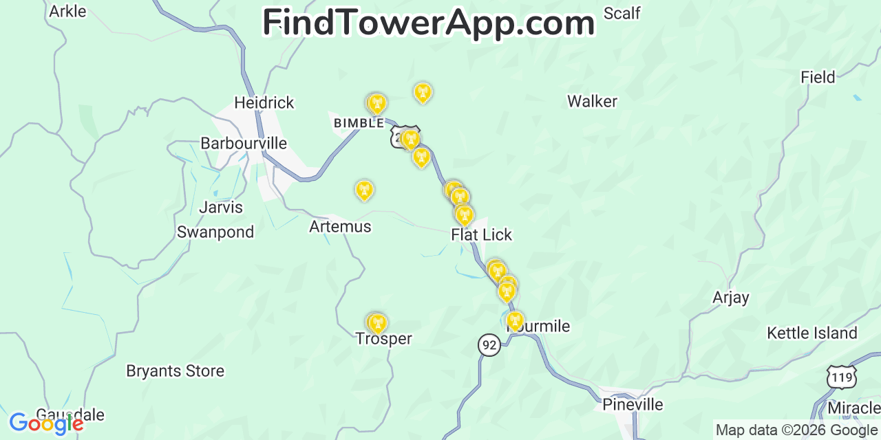 Map showing the 20 primary cell tower locations detected in Farley, Kentucky from AT&T, Verizon, and T-Mobile networks