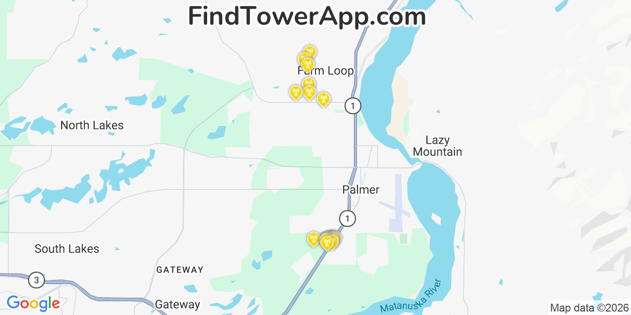 Map showing the 20 primary cell tower locations detected in Farm Loop, Alaska from AT&T, Verizon, and T-Mobile networks