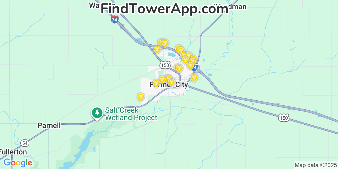 Map showing the 20 primary cell tower locations detected in Farmer City, Illinois from AT&T, Verizon, and T-Mobile networks