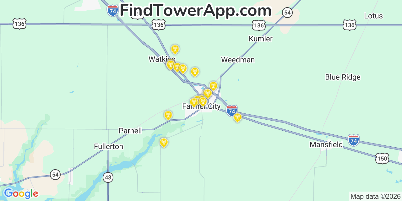 Map showing the 20 primary cell tower locations detected in Farmer City, Illinois from AT&T, Verizon, and T-Mobile networks