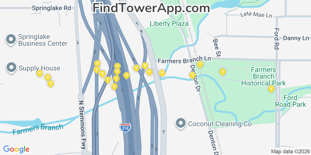 Map showing the 20 primary cell tower locations detected in Farmers Branch, Texas from AT&T, Verizon, and T-Mobile networks