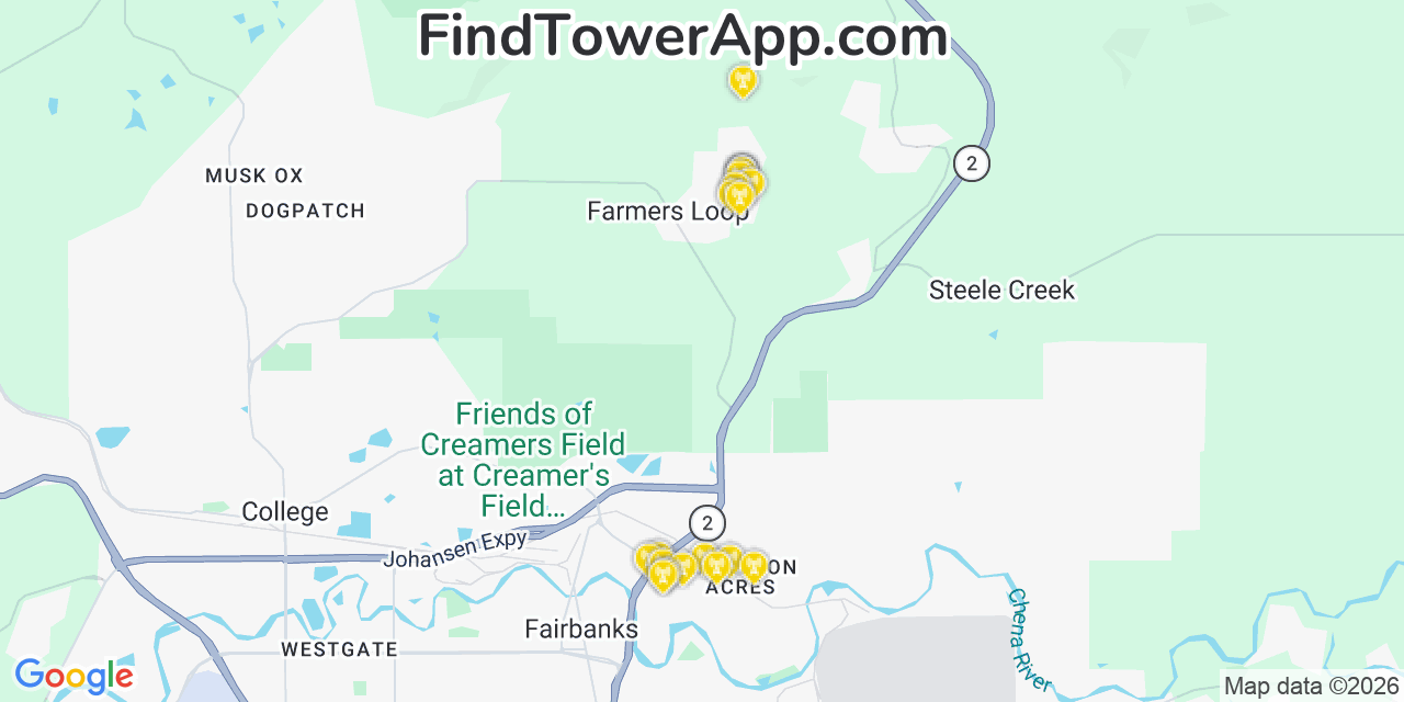 Map showing the 20 primary cell tower locations detected in Farmers Loop, Alaska from AT&T, Verizon, and T-Mobile networks
