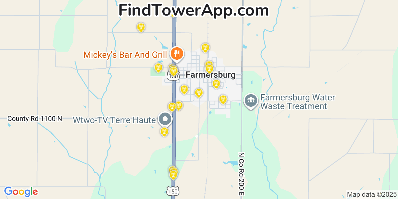 Map showing the 20 primary cell tower locations detected in Farmersburg, Indiana from AT&T, Verizon, and T-Mobile networks