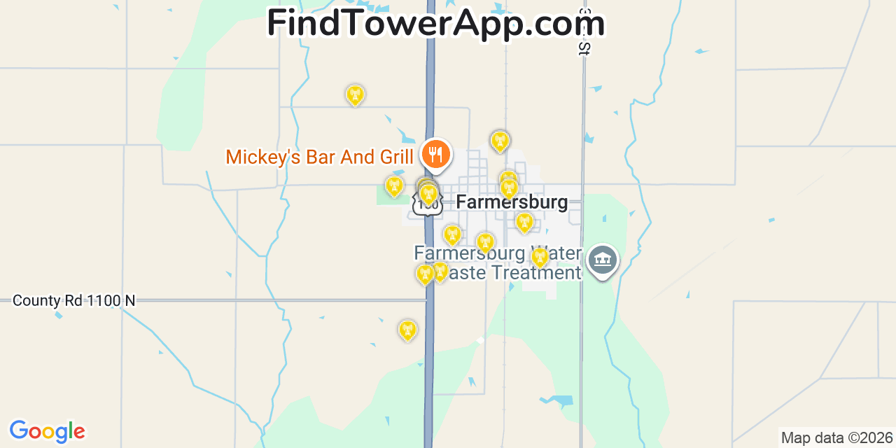 Map showing the 20 primary cell tower locations detected in Farmersburg, Indiana from AT&T, Verizon, and T-Mobile networks