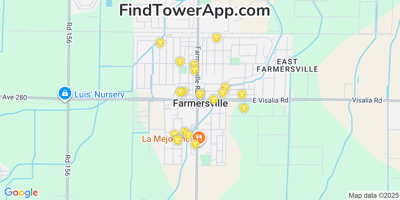 Map showing the 20 primary cell tower locations detected in Farmersville, California from AT&T, Verizon, and T-Mobile networks