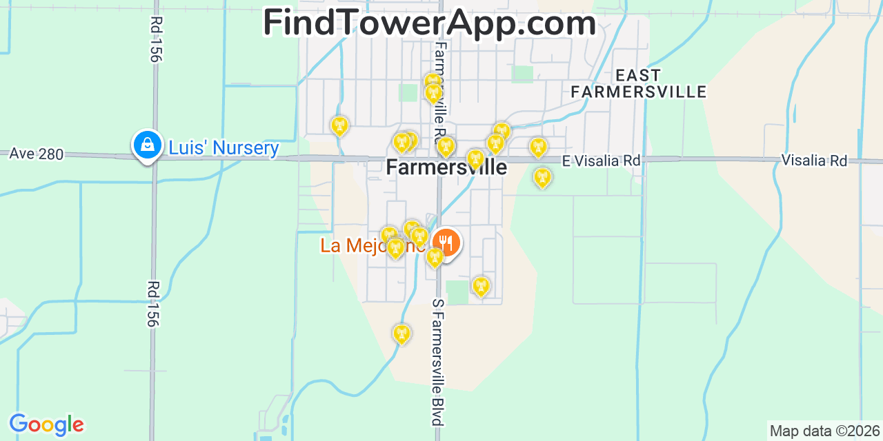 Map showing the 20 primary cell tower locations detected in Farmersville, California from AT&T, Verizon, and T-Mobile networks
