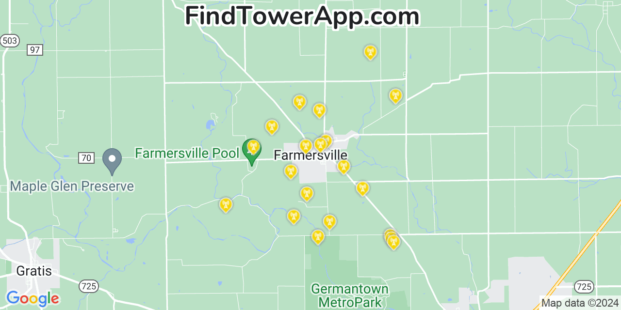 AT&T 4G/5G cell tower coverage map Farmersville, Ohio