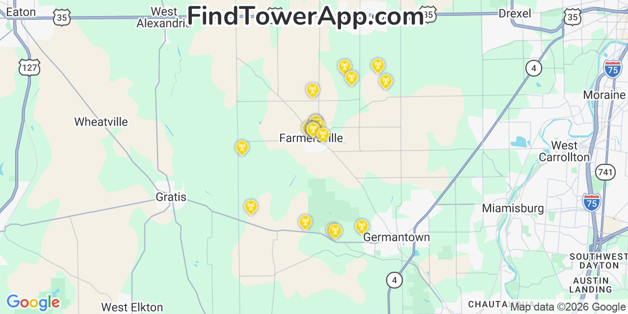 Map showing the 20 primary cell tower locations detected in Farmersville, Ohio from AT&T, Verizon, and T-Mobile networks