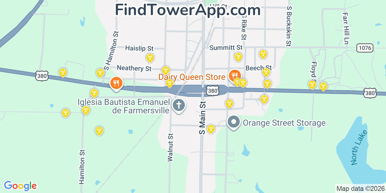 Map showing the 20 primary cell tower locations detected in Farmersville, Texas from AT&T, Verizon, and T-Mobile networks