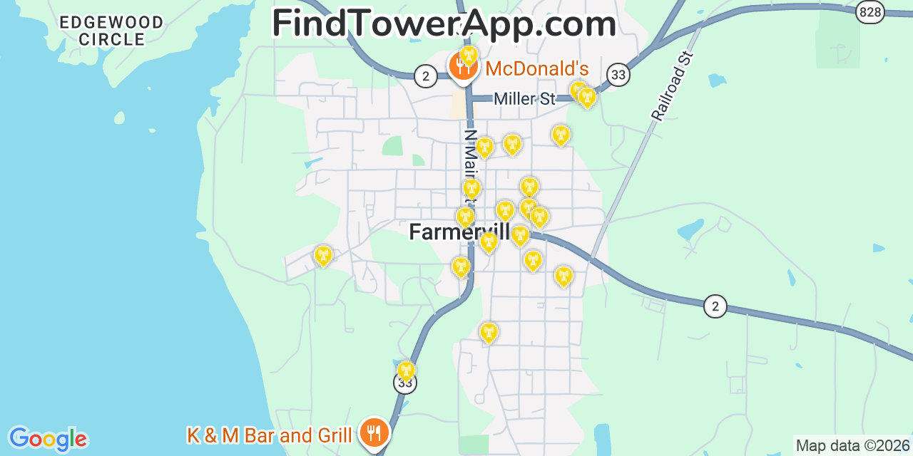 Map showing the 20 primary cell tower locations detected in Farmerville, Louisiana from AT&T, Verizon, and T-Mobile networks