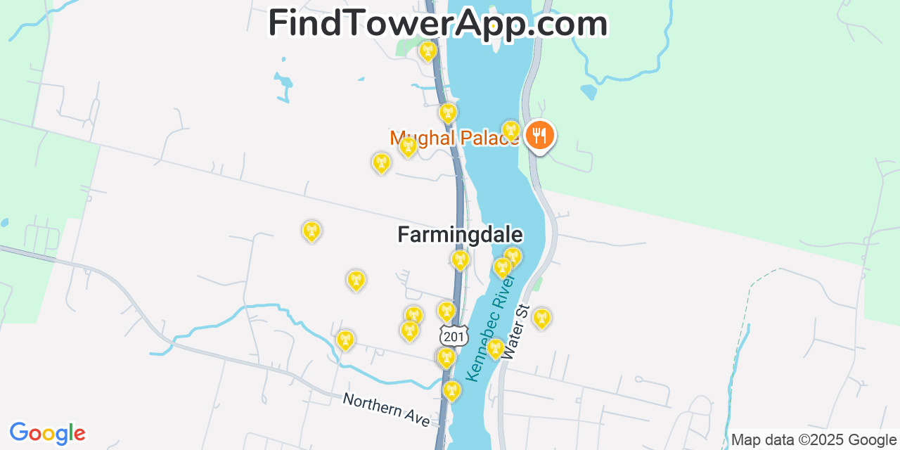 Map showing the 20 primary cell tower locations detected in Farmingdale, Maine from AT&T, Verizon, and T-Mobile networks