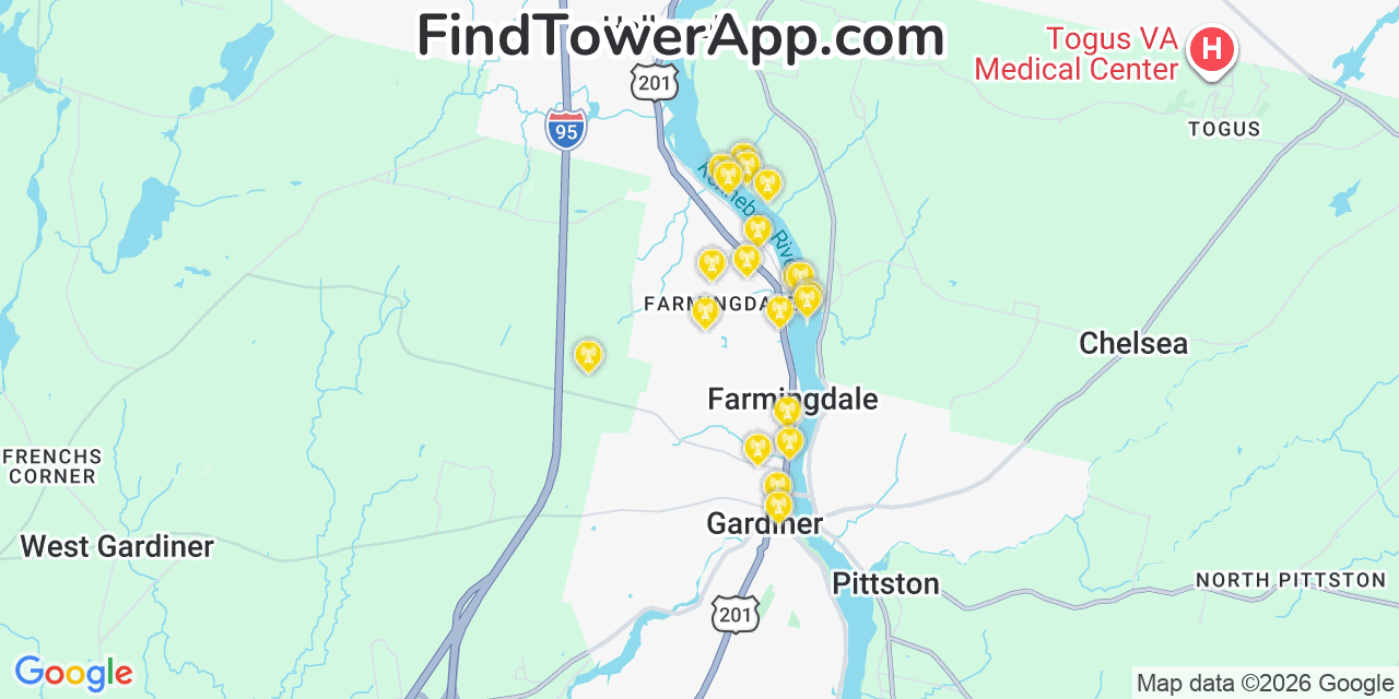 Map showing the 20 primary cell tower locations detected in Farmingdale, Maine from AT&T, Verizon, and T-Mobile networks