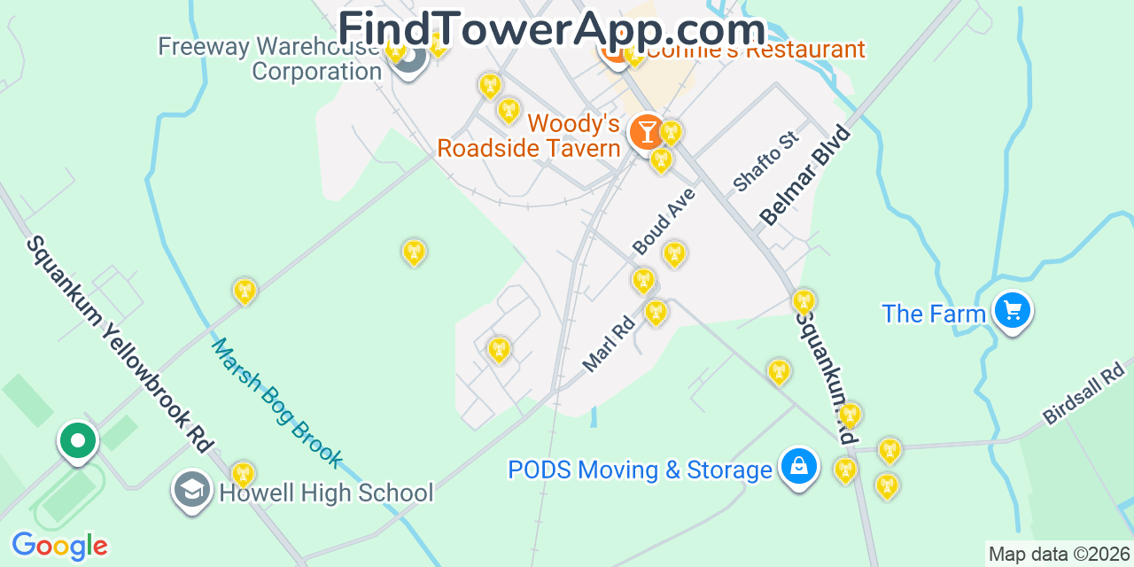 Map showing the 20 primary cell tower locations detected in Farmingdale, New Jersey from AT&T, Verizon, and T-Mobile networks