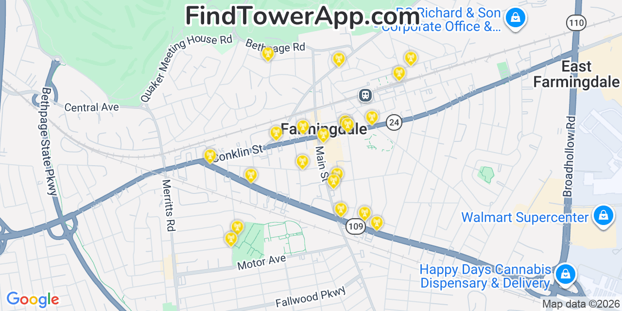 Map showing the 20 primary cell tower locations detected in Farmingdale, New York from AT&T, Verizon, and T-Mobile networks