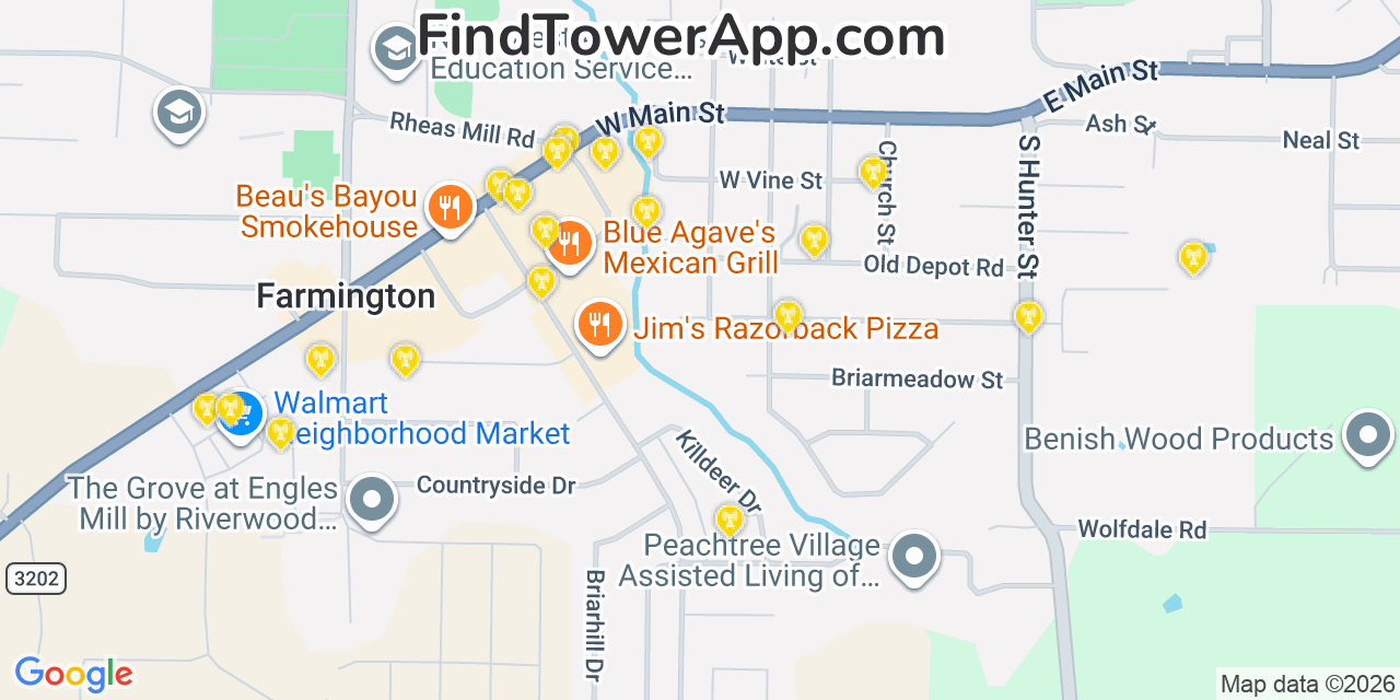 Map showing the 20 primary cell tower locations detected in Farmington, Arkansas from AT&T, Verizon, and T-Mobile networks