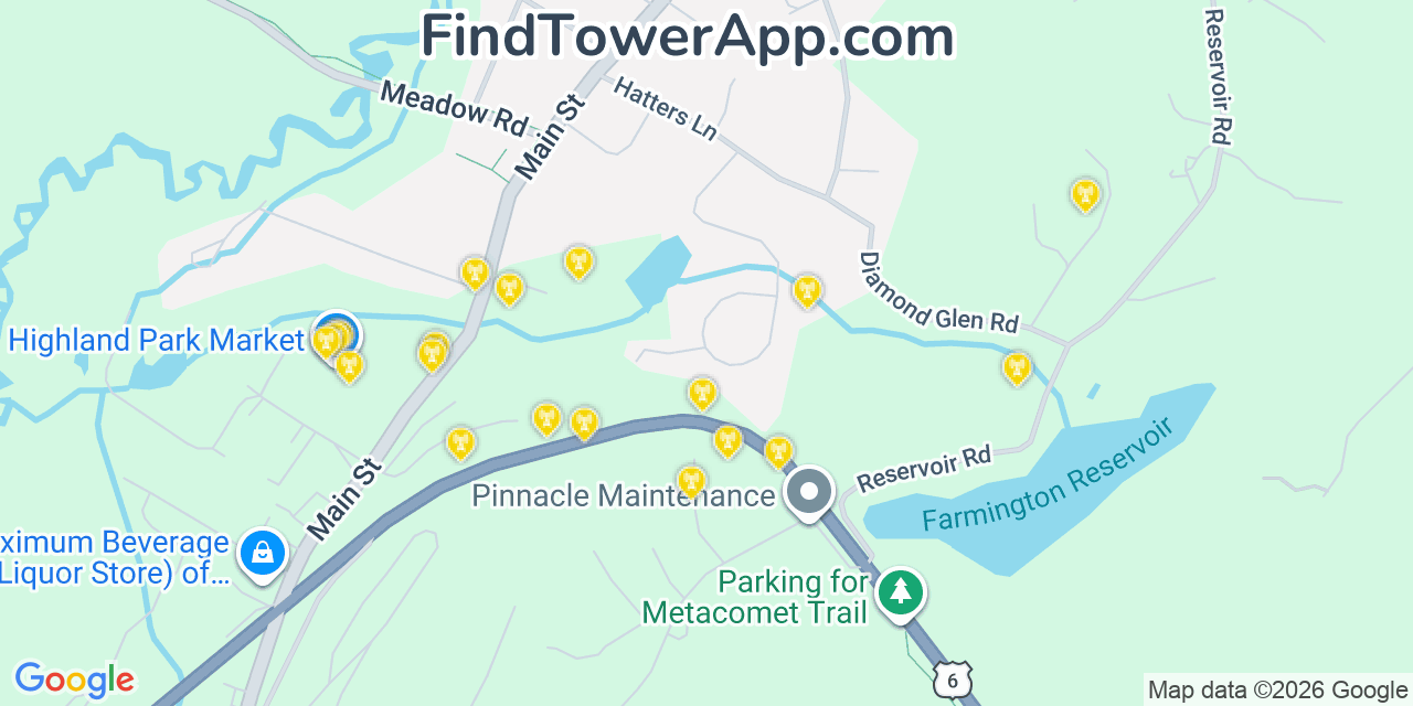 Map showing the 20 primary cell tower locations detected in Farmington, Connecticut from AT&T, Verizon, and T-Mobile networks