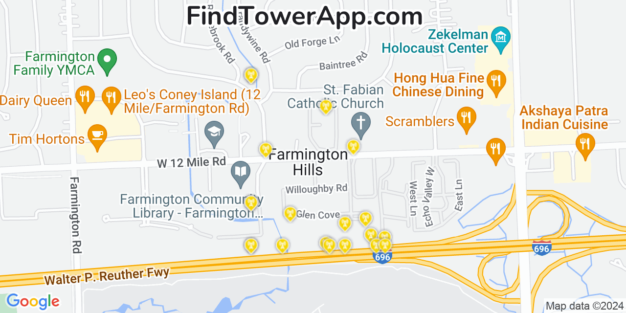 AT&T 4G/5G cell tower coverage map Farmington Hills, Michigan