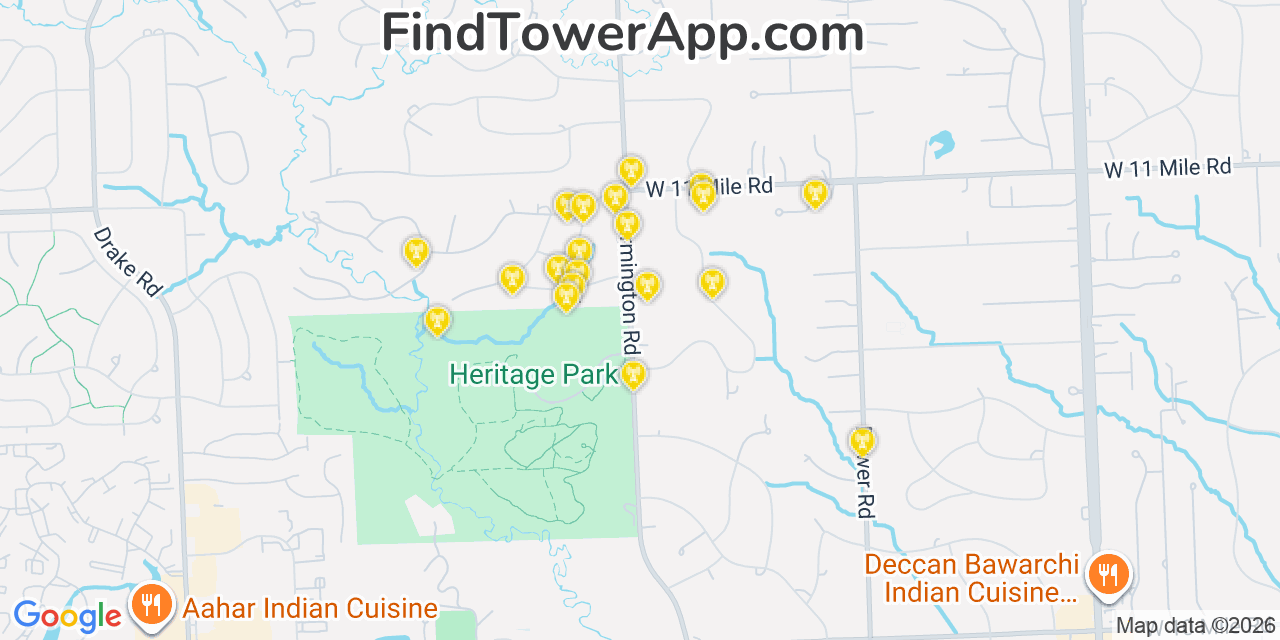 Map showing the 20 primary cell tower locations detected in Farmington Hills, Michigan from AT&T, Verizon, and T-Mobile networks
