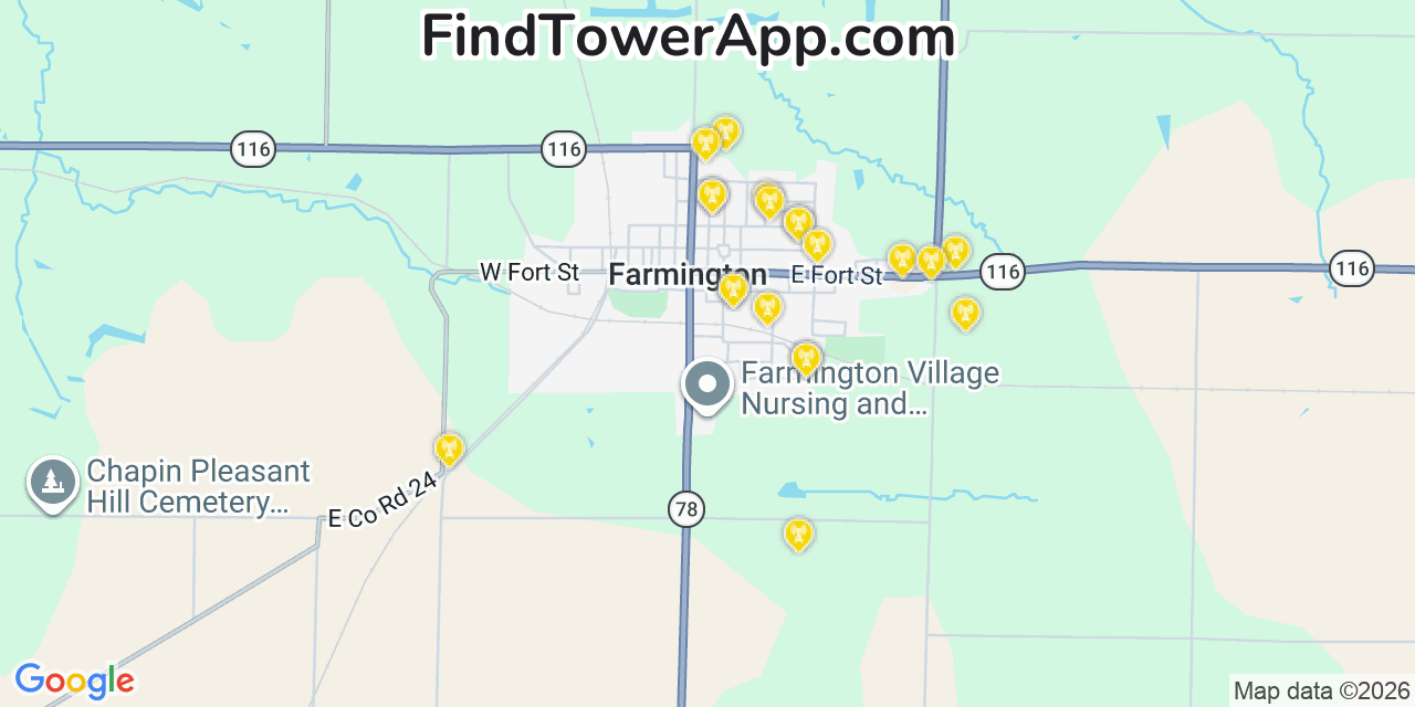 Map showing the 20 primary cell tower locations detected in Farmington, Illinois from AT&T, Verizon, and T-Mobile networks