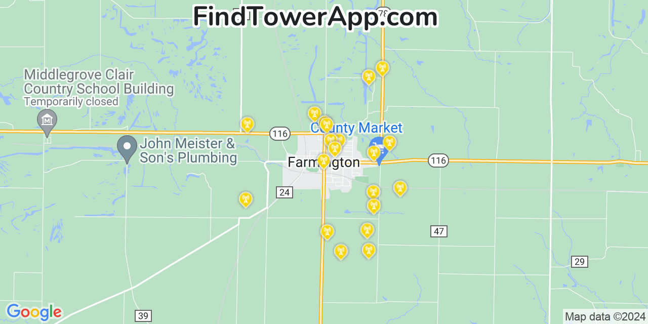 Verizon 4G/5G cell tower coverage map Farmington, Illinois