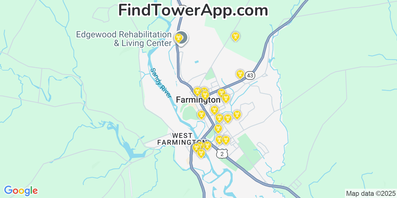 Map showing the 20 primary cell tower locations detected in Farmington, Maine from AT&T, Verizon, and T-Mobile networks