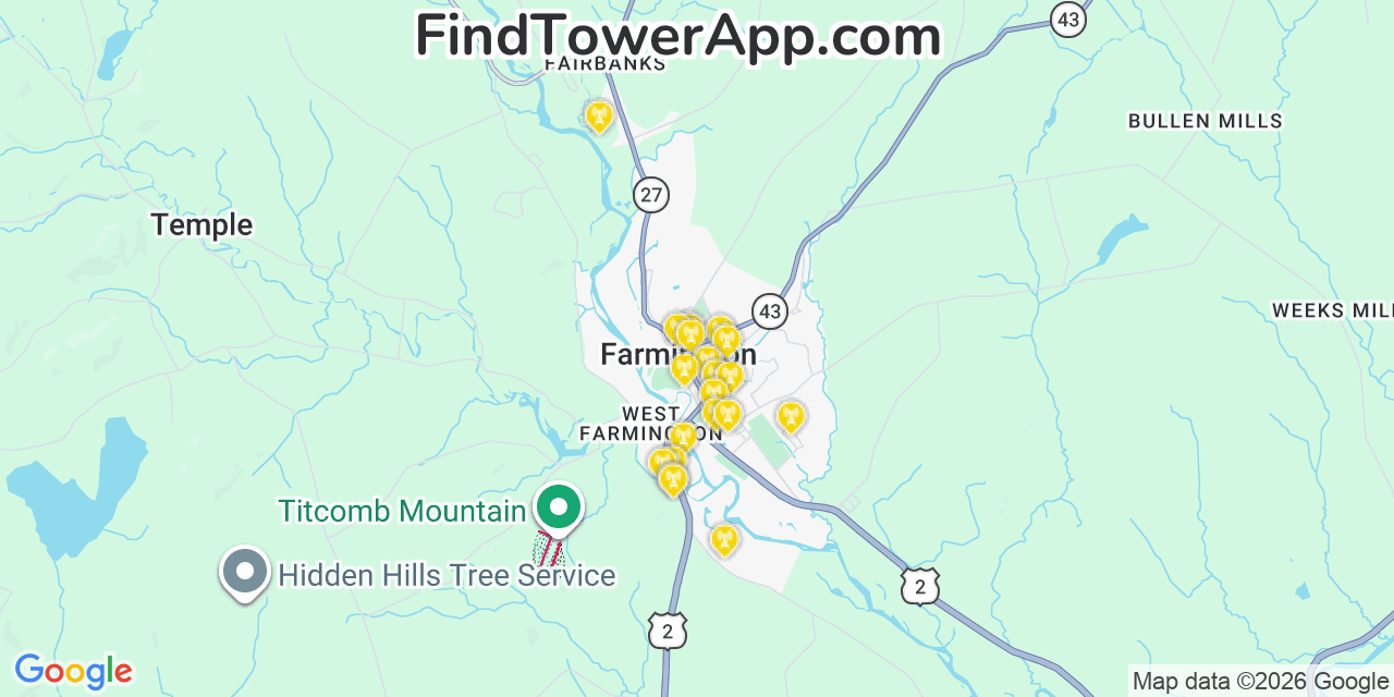 Map showing the 20 primary cell tower locations detected in Farmington, Maine from AT&T, Verizon, and T-Mobile networks