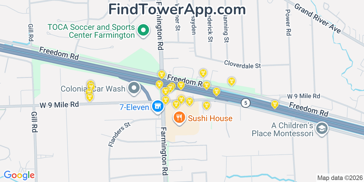 Map showing the 20 primary cell tower locations detected in Farmington, Michigan from AT&T, Verizon, and T-Mobile networks
