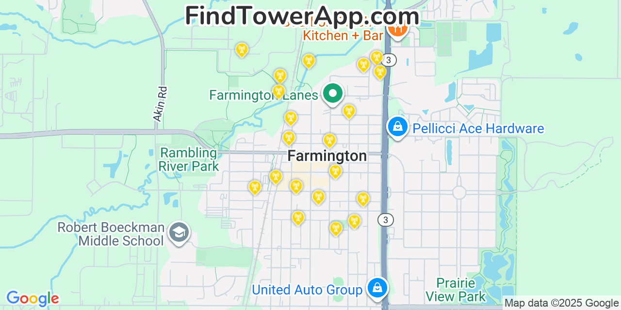 Map showing the 20 primary cell tower locations detected in Farmington, Minnesota from AT&T, Verizon, and T-Mobile networks