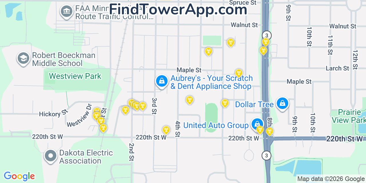 Map showing the 20 primary cell tower locations detected in Farmington, Minnesota from AT&T, Verizon, and T-Mobile networks