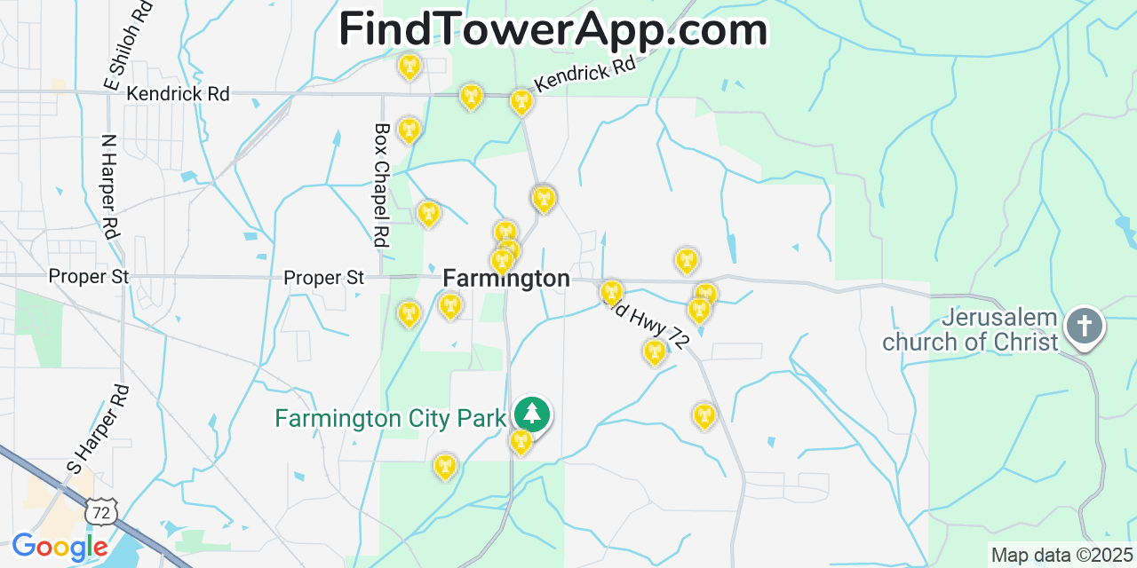 Map showing the 20 primary cell tower locations detected in Farmington, Mississippi from AT&T, Verizon, and T-Mobile networks