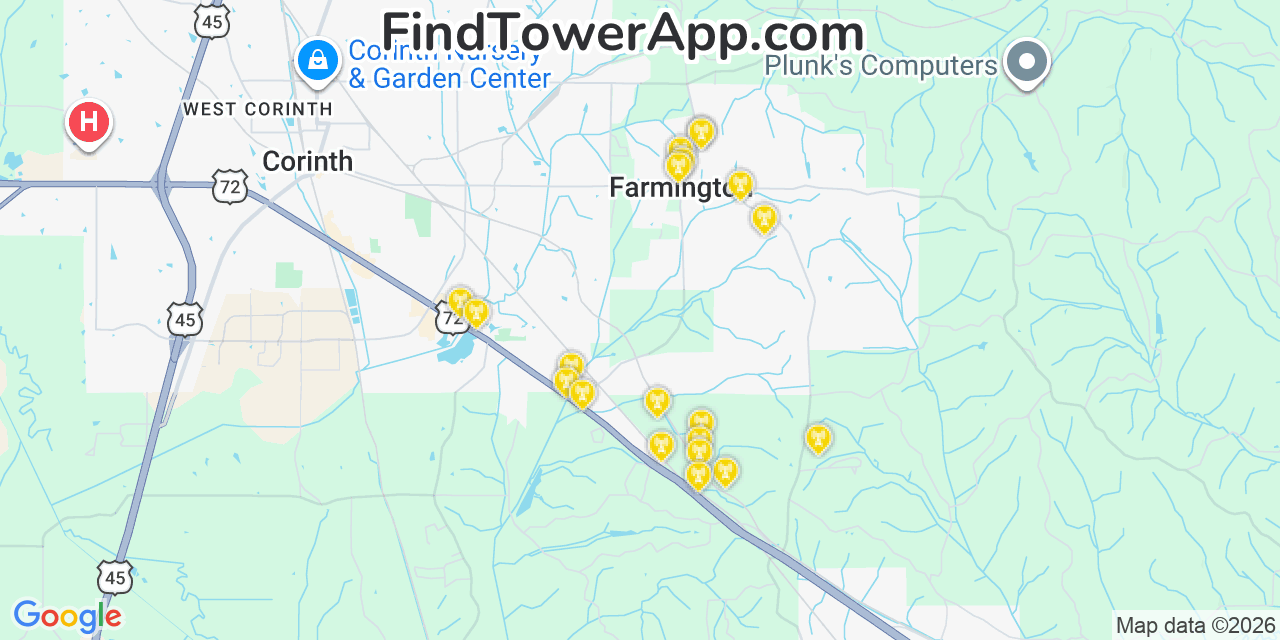 Map showing the 20 primary cell tower locations detected in Farmington, Mississippi from AT&T, Verizon, and T-Mobile networks