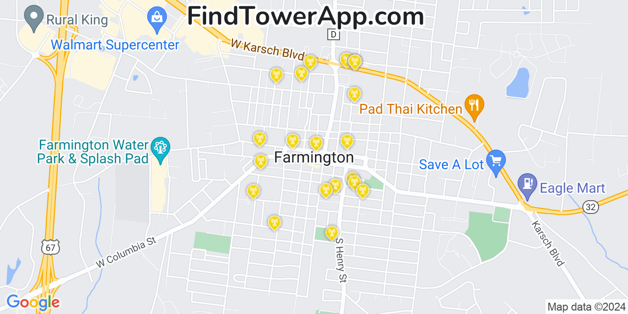 AT&T 4G/5G cell tower coverage map Farmington, Missouri