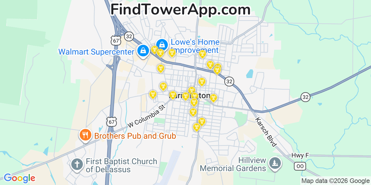 Map showing the 20 primary cell tower locations detected in Farmington, Missouri from AT&T, Verizon, and T-Mobile networks