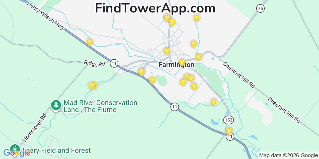 Map showing the 20 primary cell tower locations detected in Farmington, New Hampshire from AT&T, Verizon, and T-Mobile networks