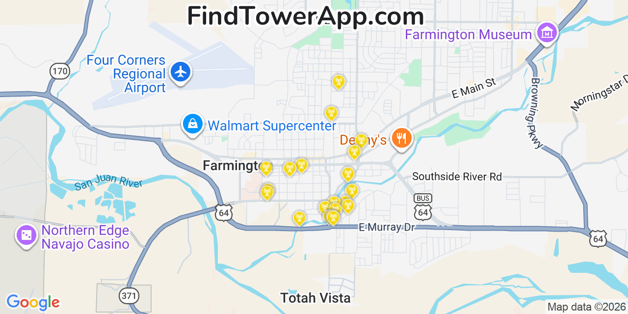 Map showing the 20 primary cell tower locations detected in Farmington, New Mexico from AT&T, Verizon, and T-Mobile networks