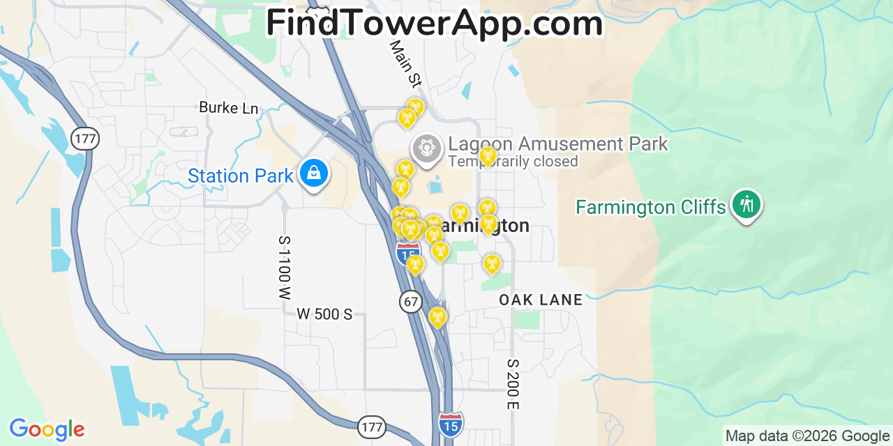 Map showing the 20 primary cell tower locations detected in Farmington, Utah from AT&T, Verizon, and T-Mobile networks