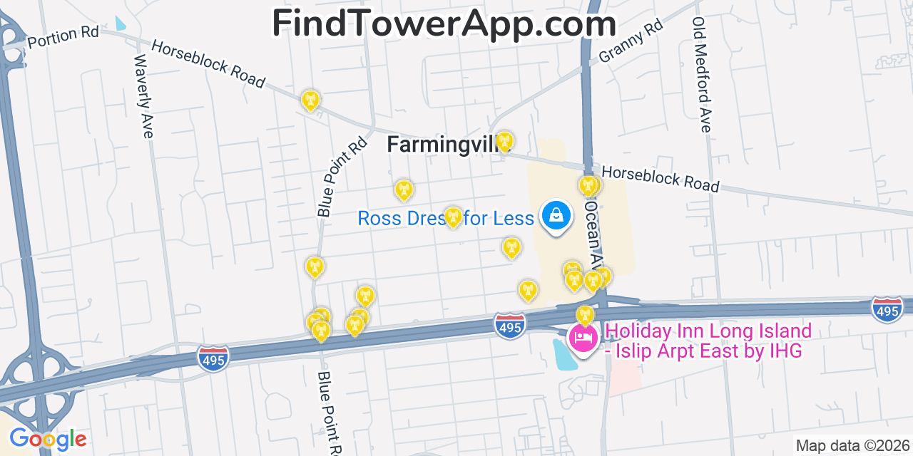 Map showing the 20 primary cell tower locations detected in Farmingville, New York from AT&T, Verizon, and T-Mobile networks