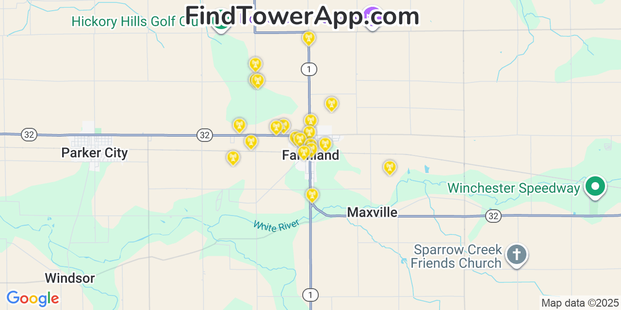 Map showing the 20 primary cell tower locations detected in Farmland, Indiana from AT&T, Verizon, and T-Mobile networks
