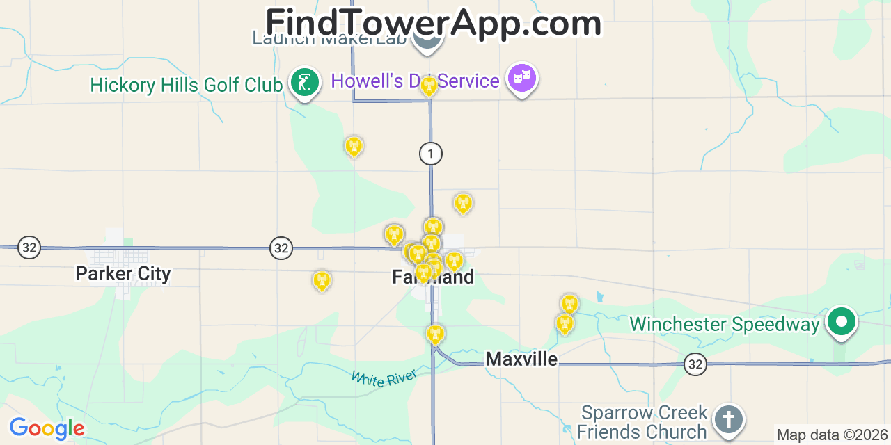 Map showing the 20 primary cell tower locations detected in Farmland, Indiana from AT&T, Verizon, and T-Mobile networks