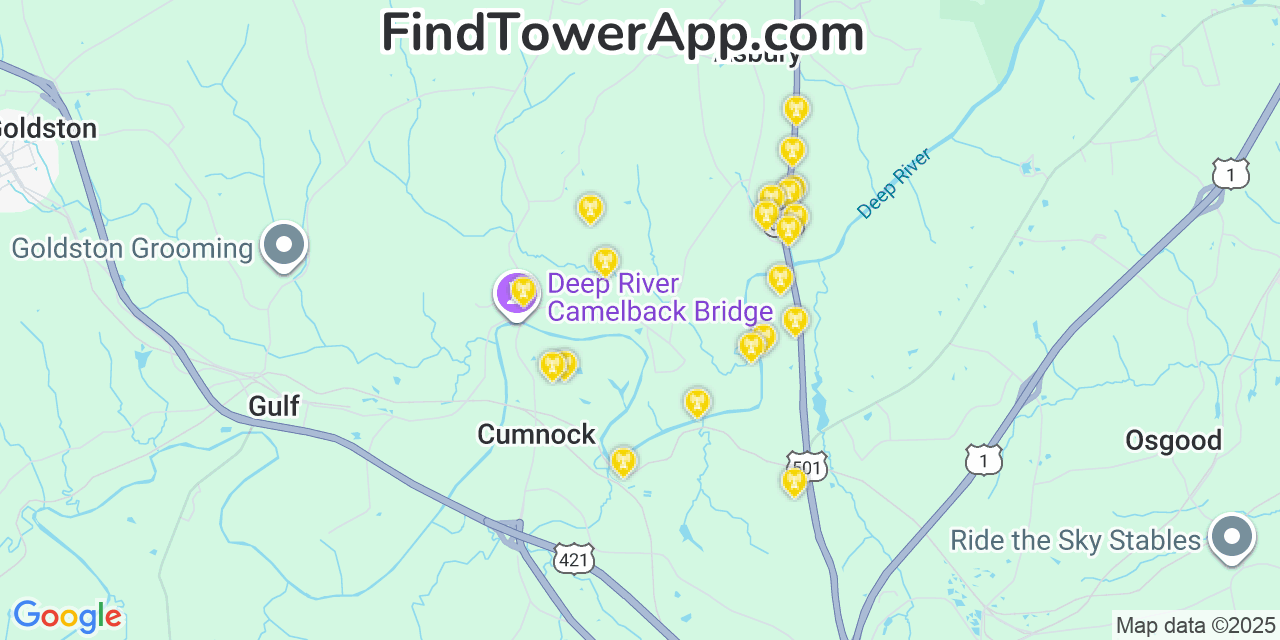 Map showing the 20 primary cell tower locations detected in Farmville, North Carolina from AT&T, Verizon, and T-Mobile networks