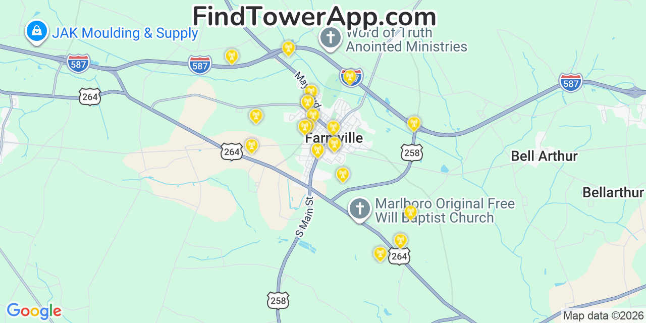Map showing the 20 primary cell tower locations detected in Farmville, North Carolina from AT&T, Verizon, and T-Mobile networks