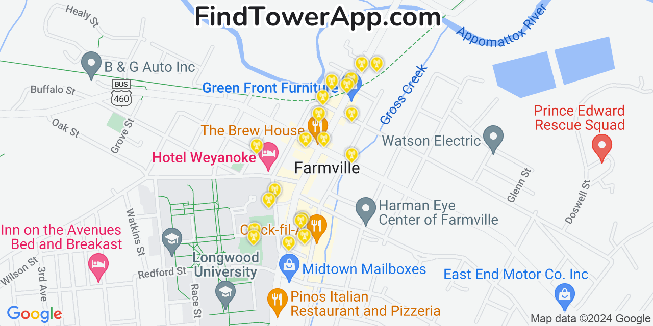 AT&T 4G/5G cell tower coverage map Farmville, Virginia