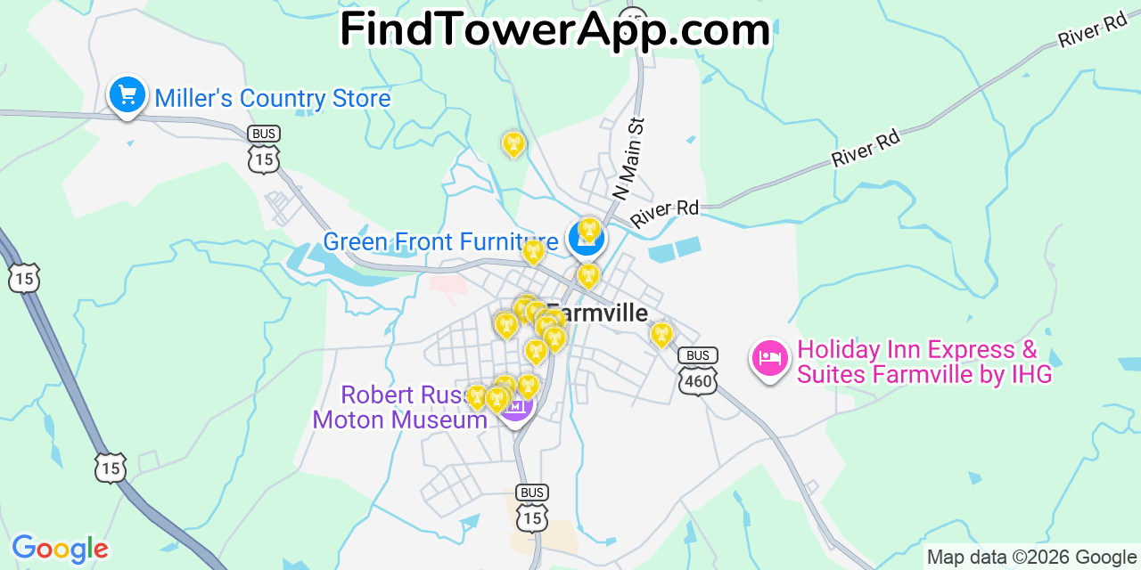 Map showing the 20 primary cell tower locations detected in Farmville, Virginia from AT&T, Verizon, and T-Mobile networks