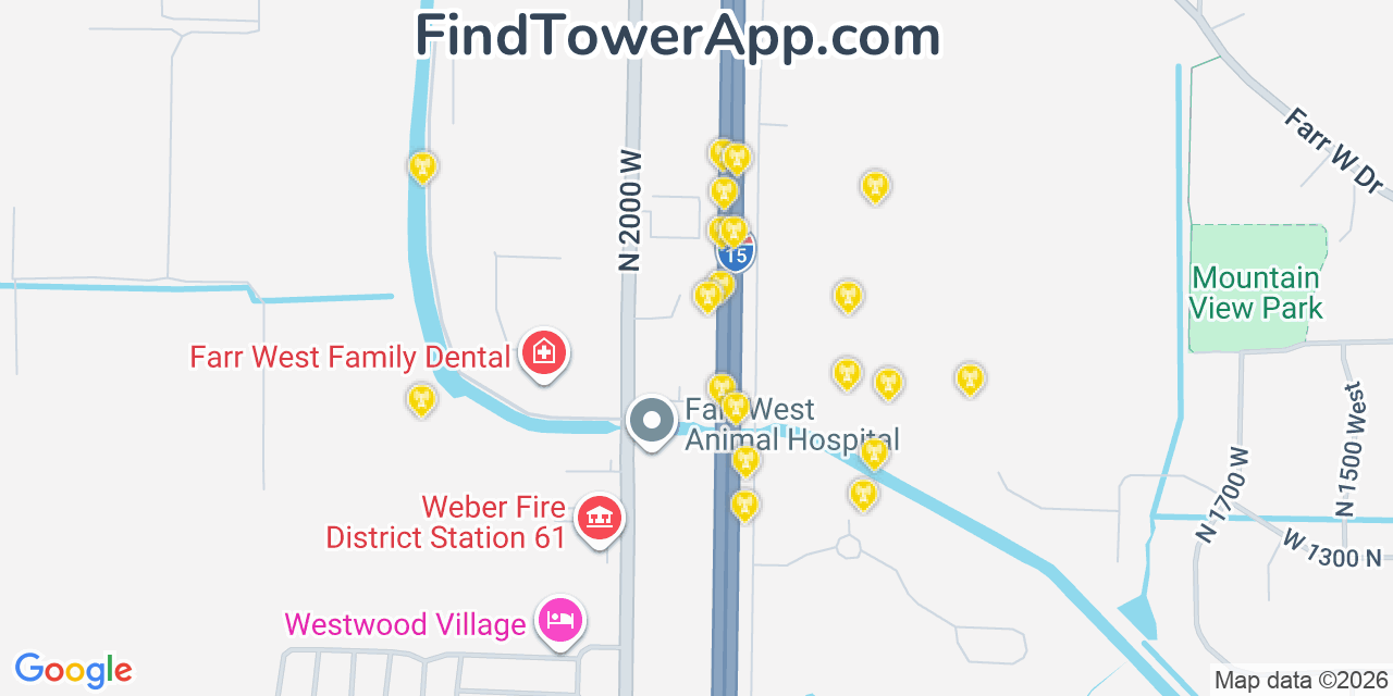 Map showing the 20 primary cell tower locations detected in Farr West, Utah from AT&T, Verizon, and T-Mobile networks