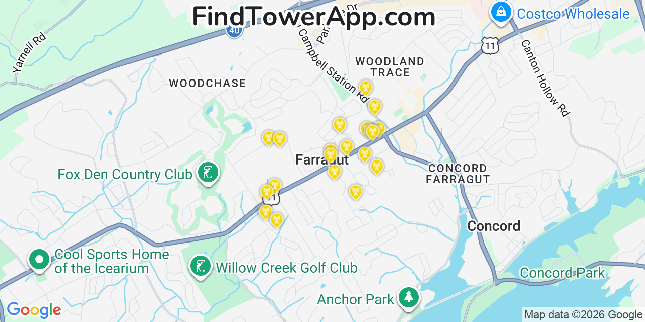 Map showing the 20 primary cell tower locations detected in Farragut, Tennessee from AT&T, Verizon, and T-Mobile networks