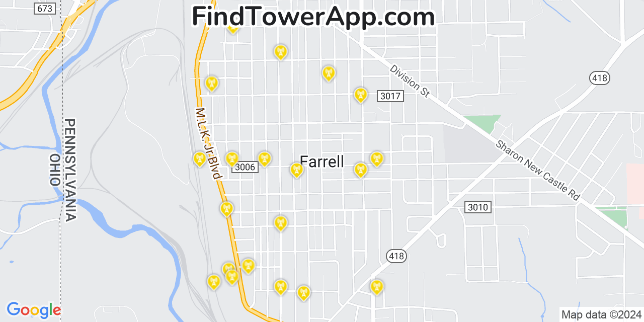 AT&T 4G/5G cell tower coverage map Farrell, Pennsylvania