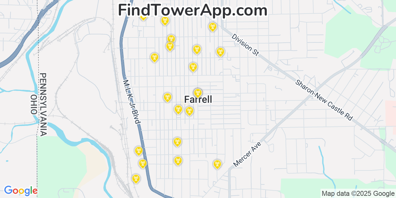Map showing the 20 primary cell tower locations detected in Farrell, Pennsylvania from AT&T, Verizon, and T-Mobile networks