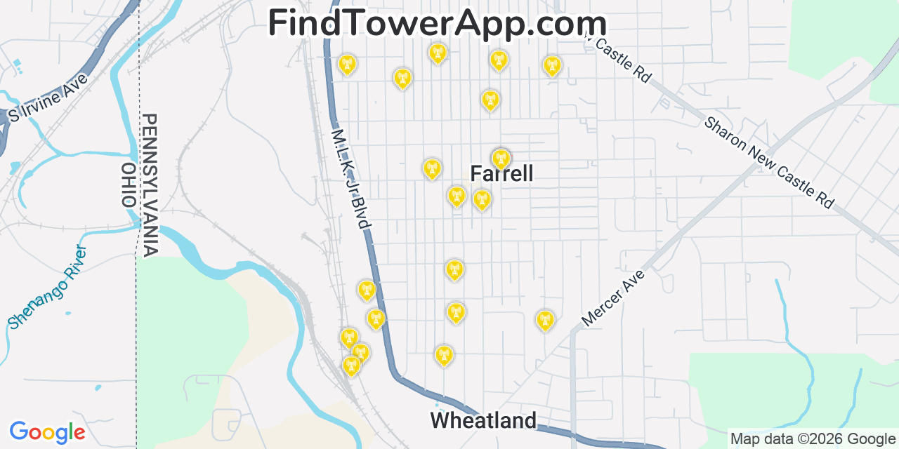Map showing the 20 primary cell tower locations detected in Farrell, Pennsylvania from AT&T, Verizon, and T-Mobile networks