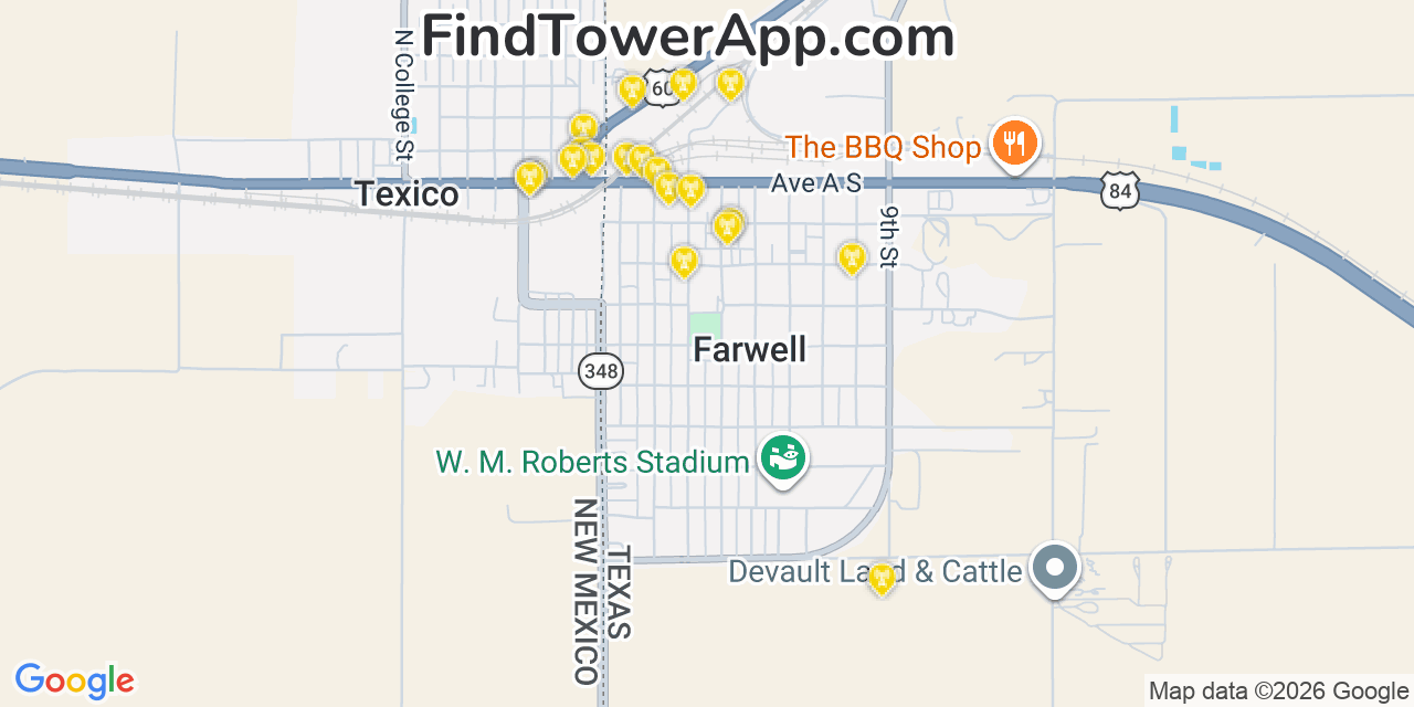 Map showing the 20 primary cell tower locations detected in Farwell, Texas from AT&T, Verizon, and T-Mobile networks